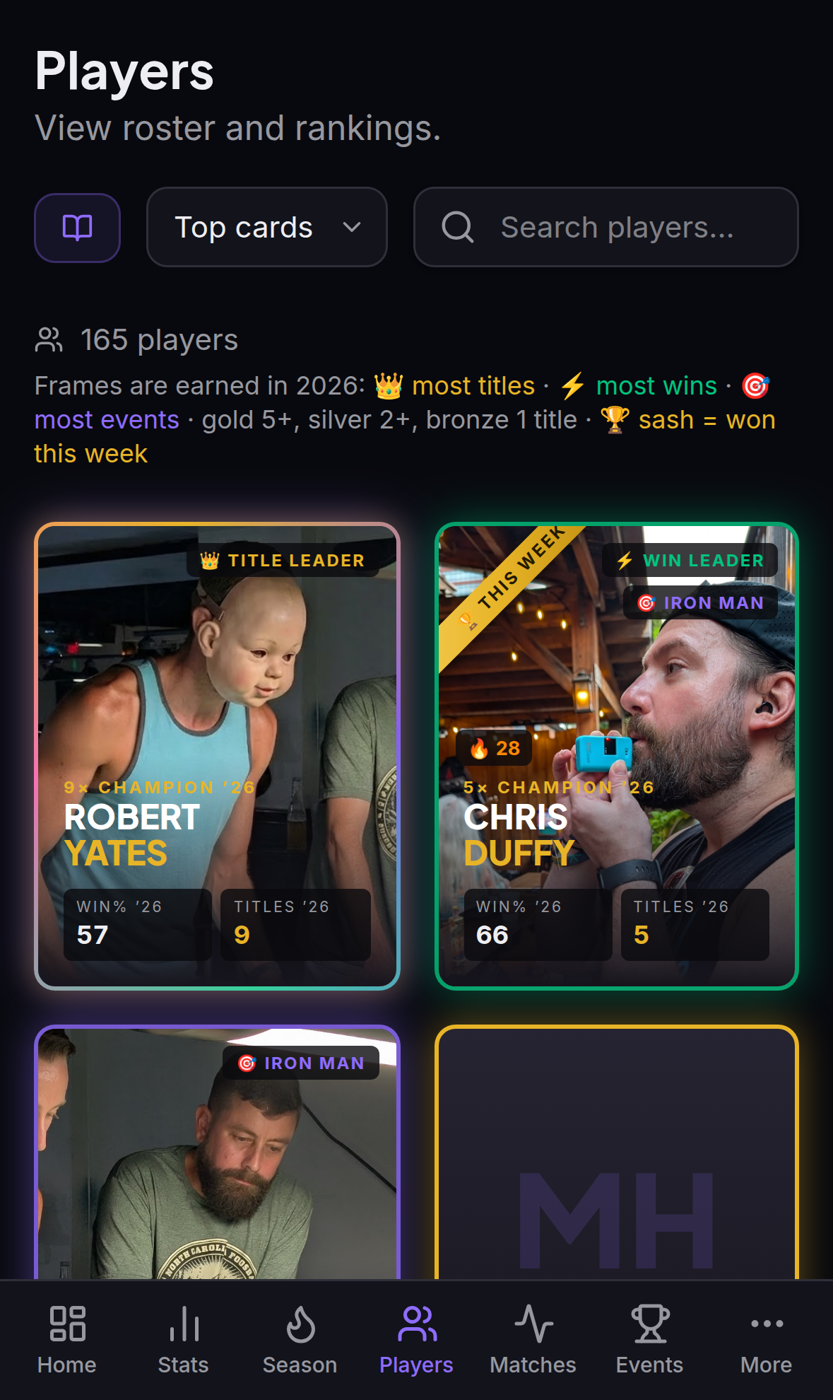 The players tab as a binder of collectible trading cards