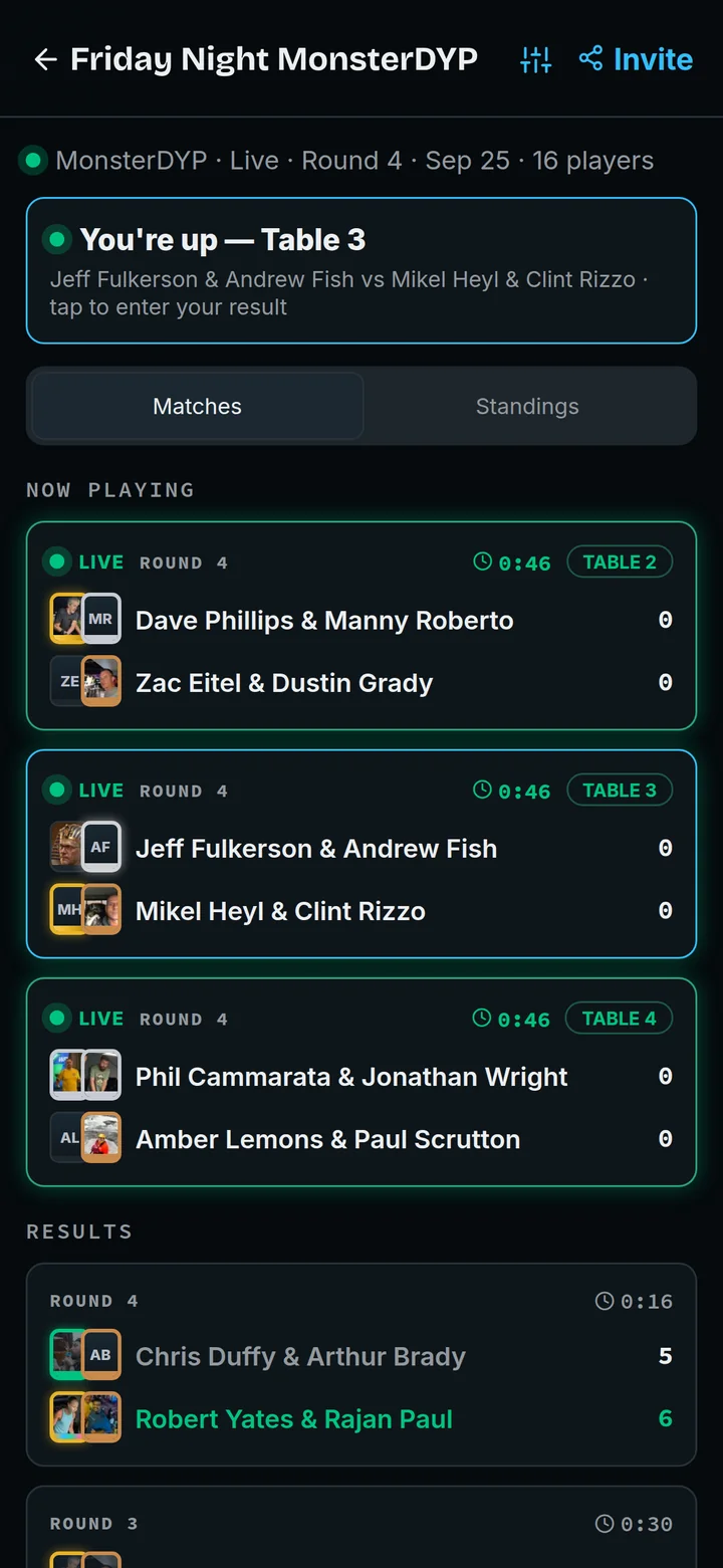 The live event screen in the Foosball Live app: a You're up on Table 3 banner above three live tables with timers