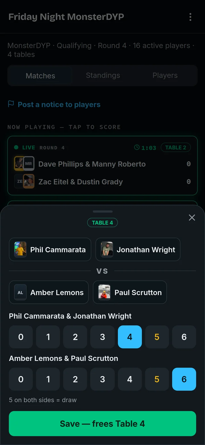 The score sheet for Table 4: tap a score for each team, then Save, which frees the table