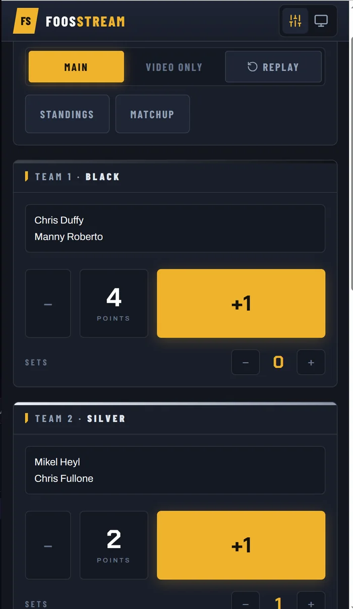 FoosStream controller on a phone