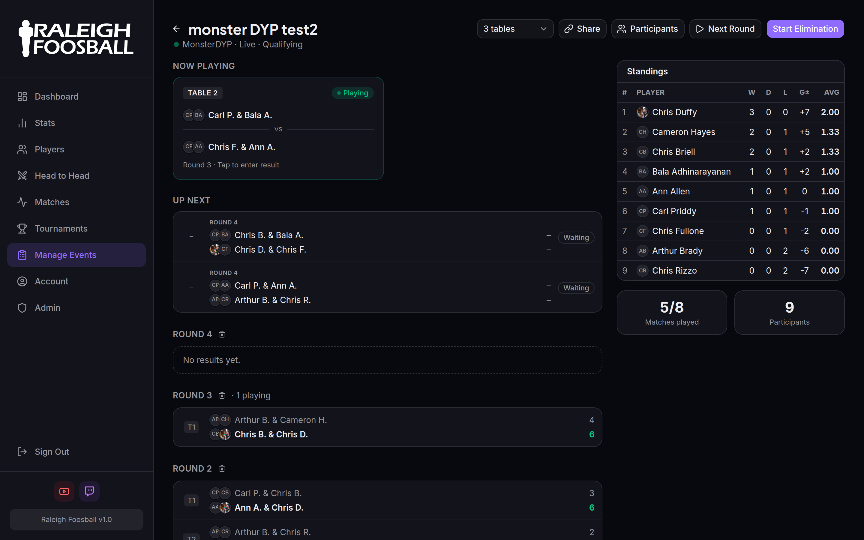 Live tournament director view